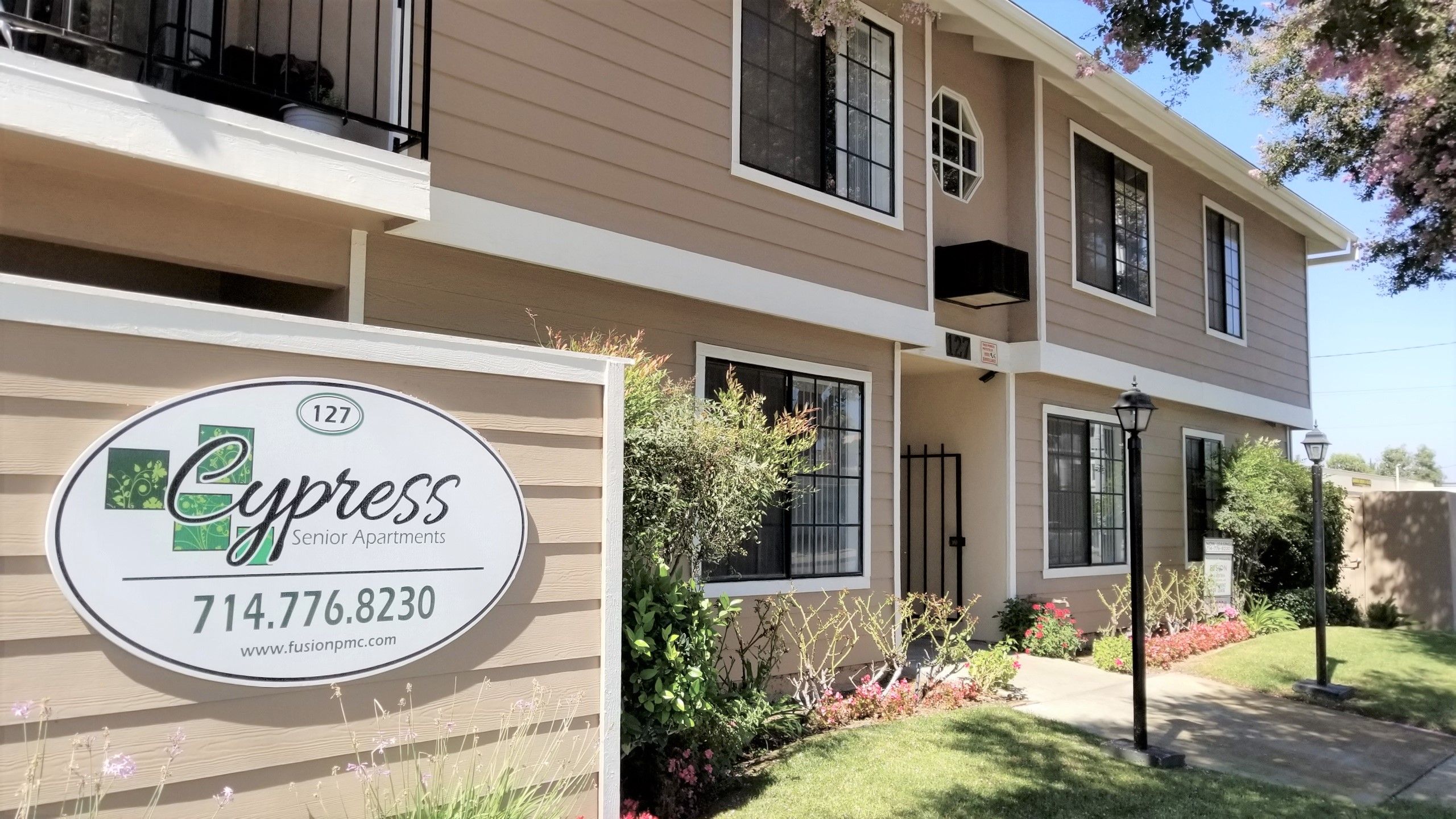Cypress Senior exterior signage and landscaped entryway