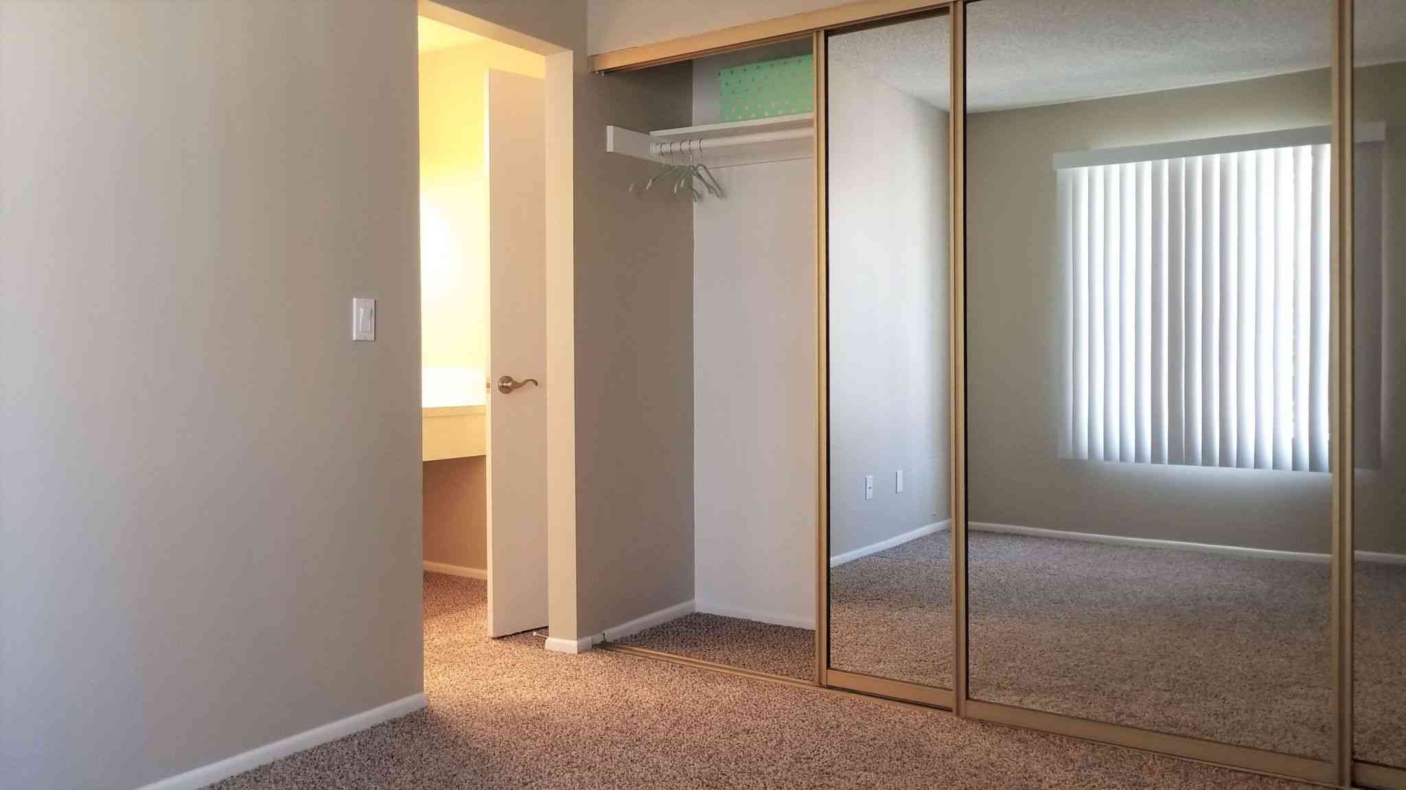 bedroom with mirrored sliding closet doors